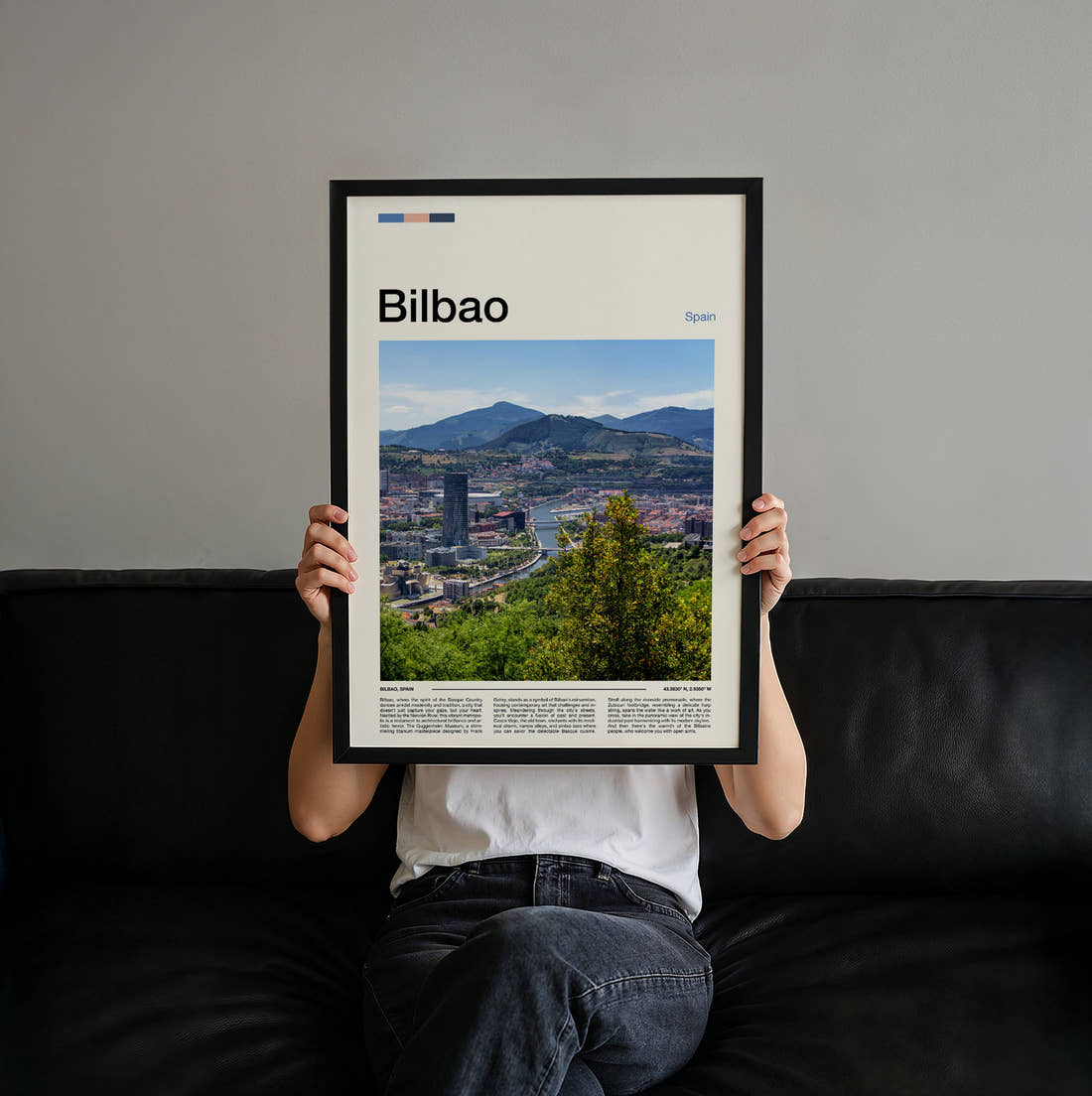 Bilbao Aerial City View Travel Print held up by hand to show the size of the print