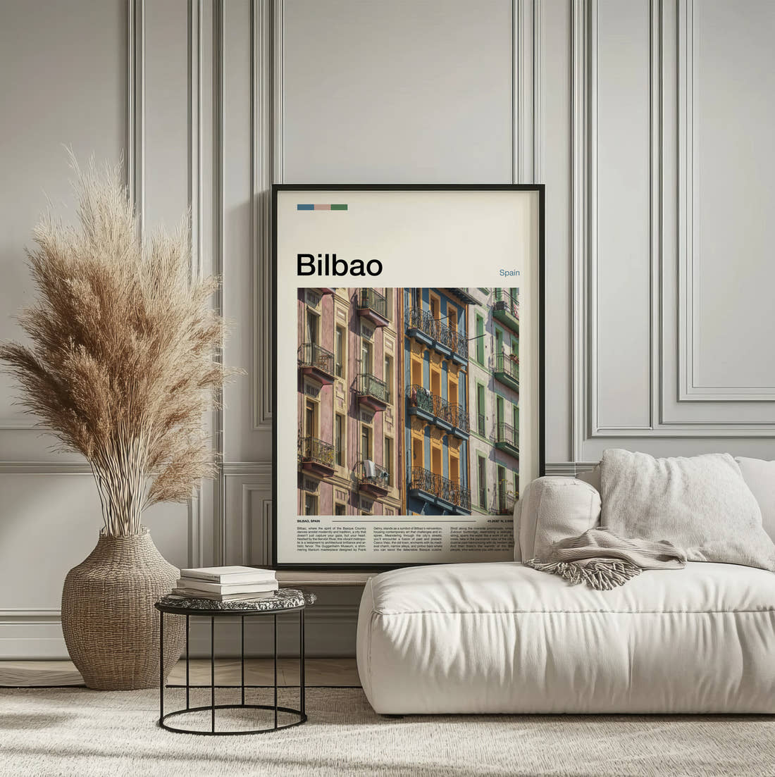 Bilbao Colourful Window Shutters Travel Print framed on the wall of a calm, neutral bedroom
