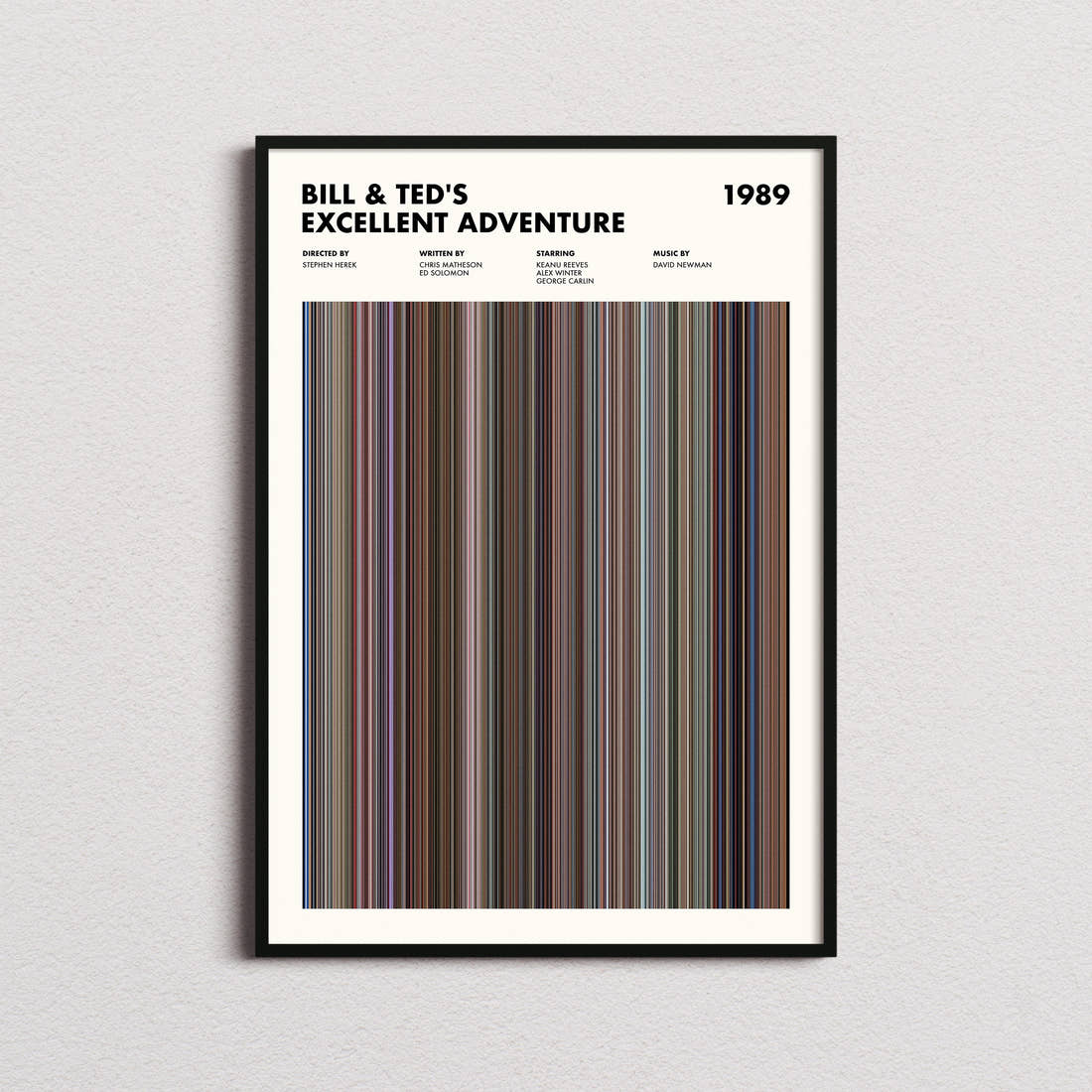 Bill & Ted's Excellent Adventure Movie Barcode Poster framed on a plain studio wall