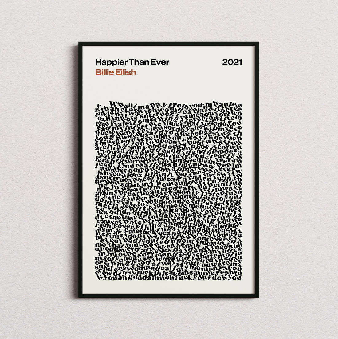 Billie Eilish Happier Than Ever Lyric Print in the cream colourway, framed