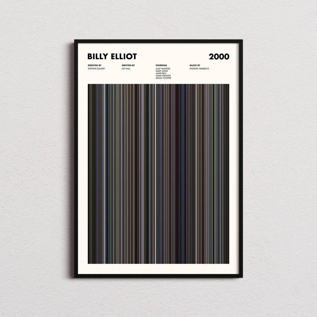 Billy Elliot Movie Barcode Poster framed on a plain studio wall
