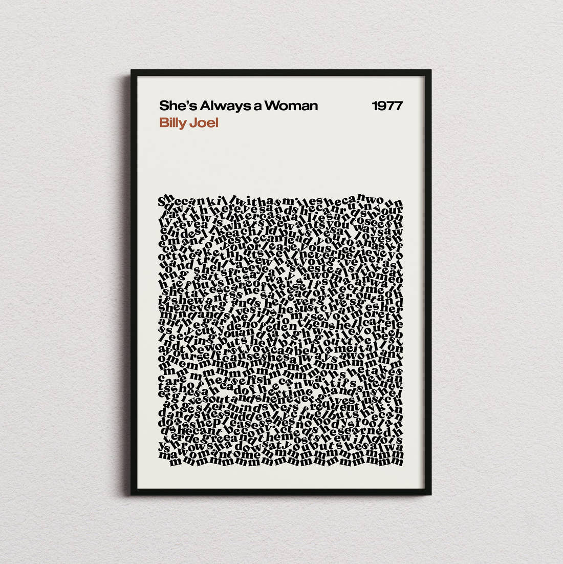 Billy Joel She's Always a Woman Lyric Print in the cream colourway, framed