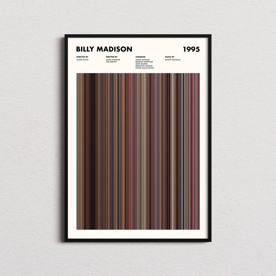Billy Madison Movie Barcode Poster framed on a plain studio wall