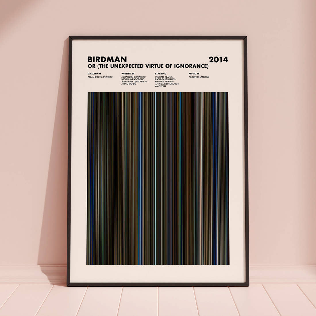 Birdman or (The Unexpected Virtue of Ignorance) Movie Barcode Poster framed and leaning against a coloured wall