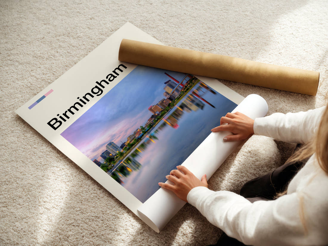 Birmingham Travel Print being unrolled from its postal tube