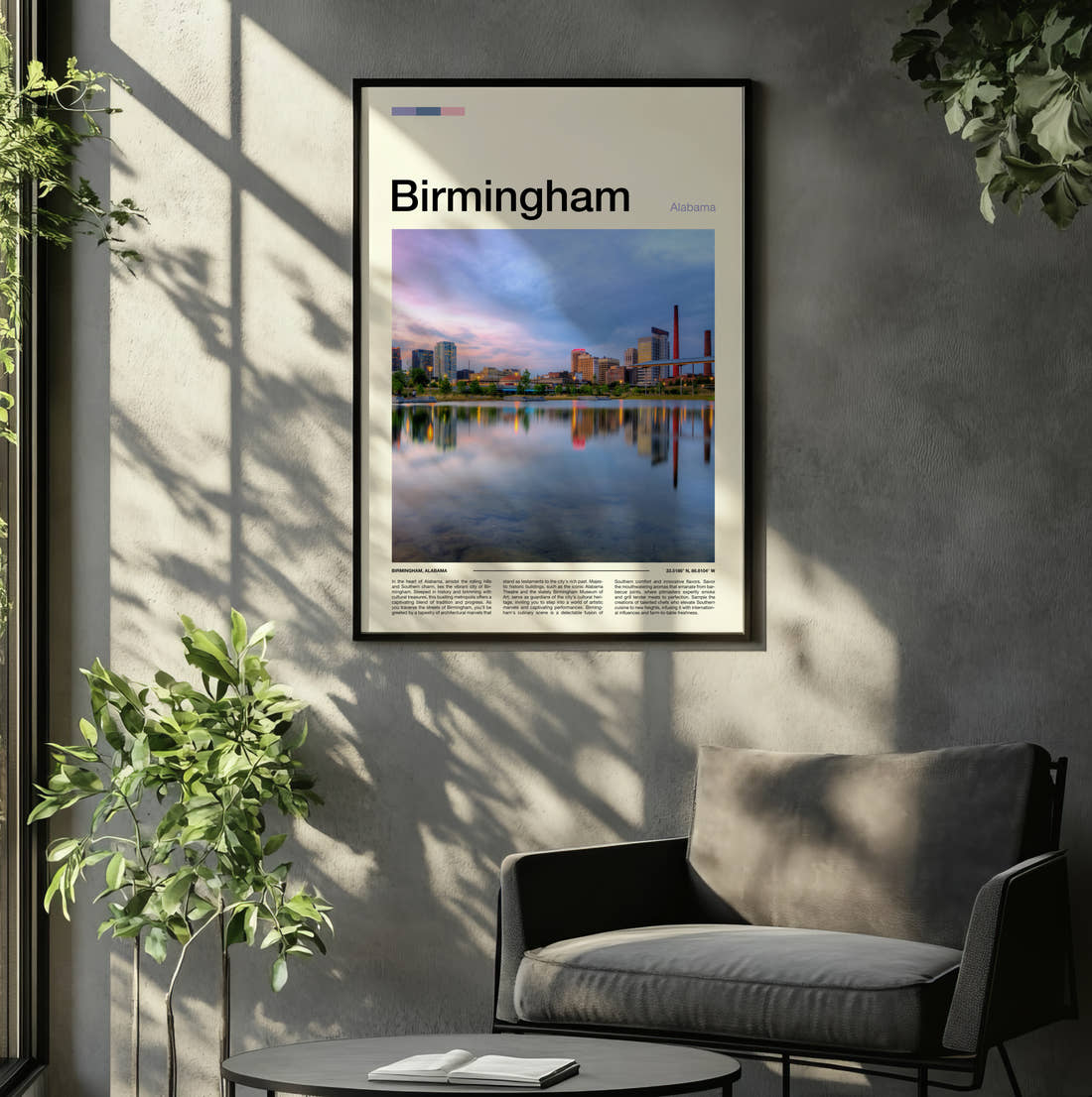 Birmingham Travel Print framed on the wall of a relaxed living room