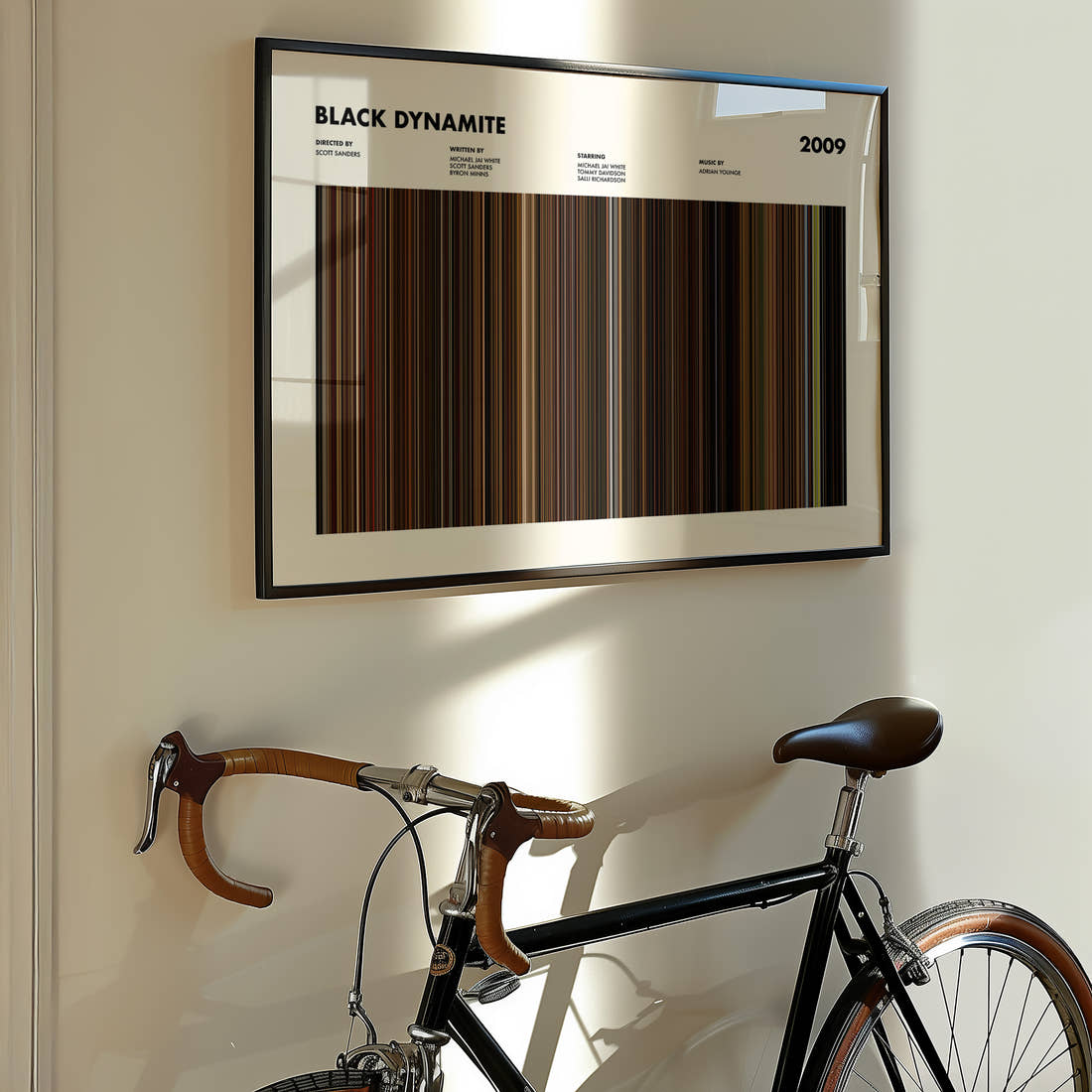 Black Dynamite Movie Barcode Poster framed on the wall of a styled room setting