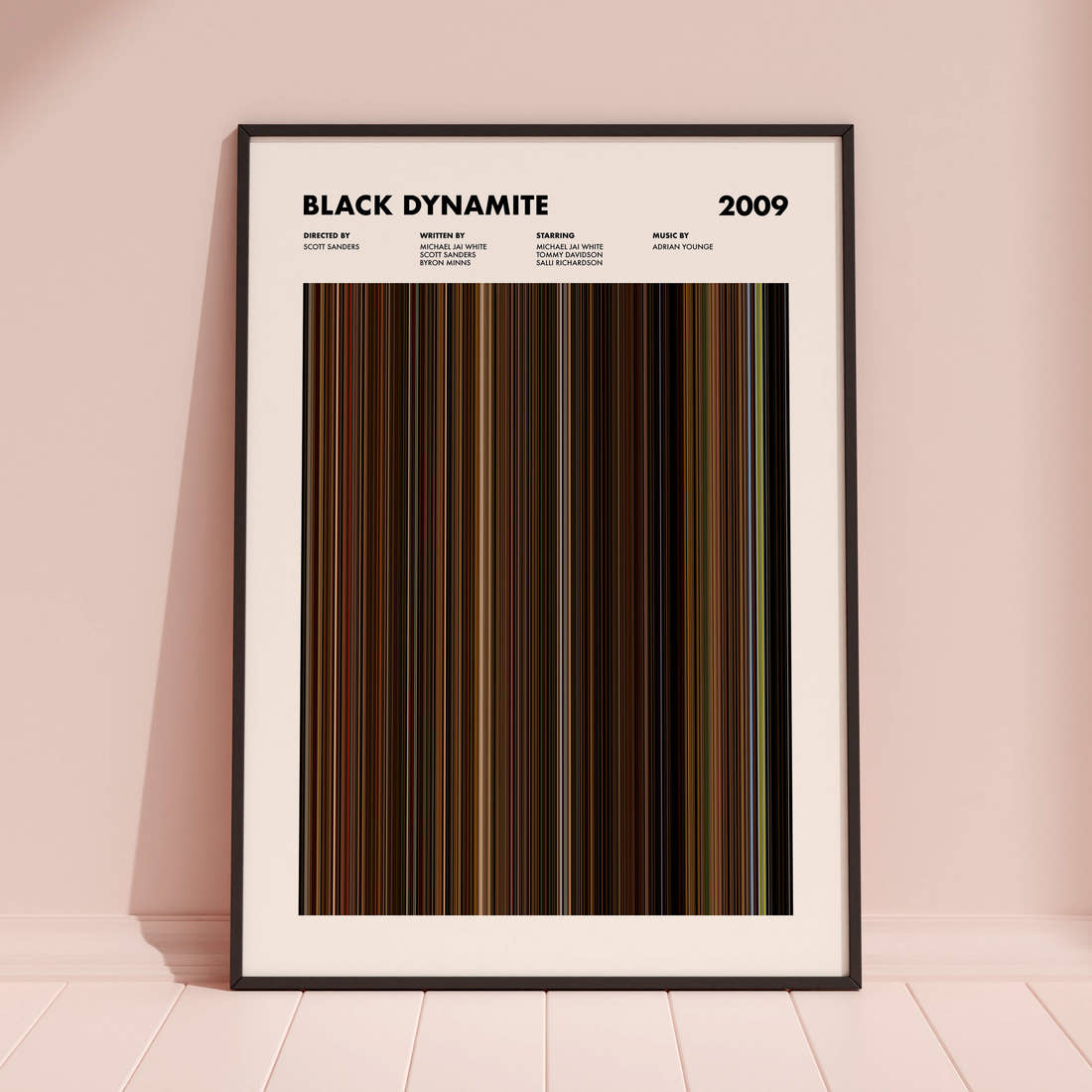 Black Dynamite Movie Barcode Poster framed and leaning against a coloured wall