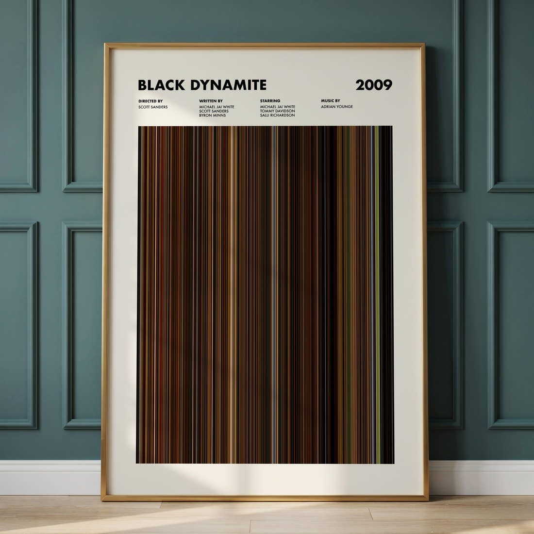Black Dynamite Movie Barcode Poster framed and leaning against a panelled wall