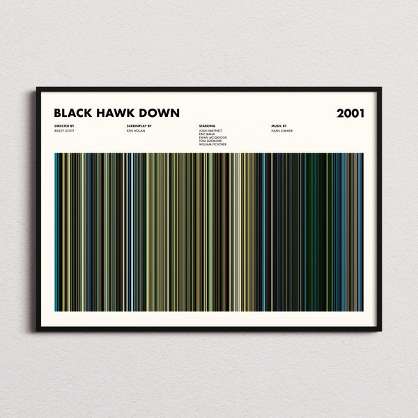 Black Hawk Down Movie Barcode Poster framed and photographed straight on