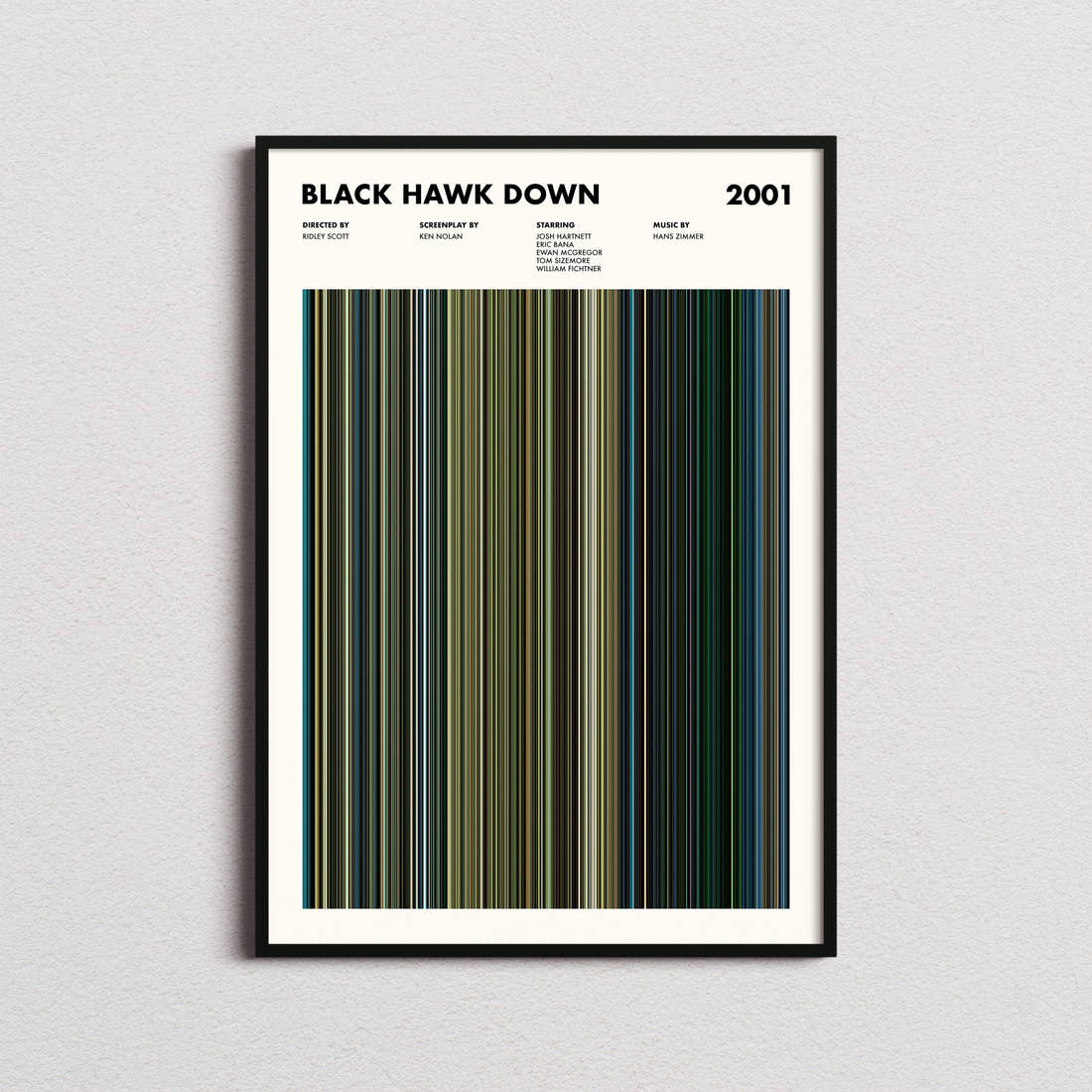 Black Hawk Down Movie Barcode Poster framed on a plain studio wall