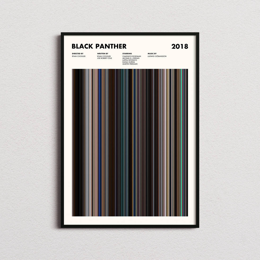Black Panther Movie Barcode Poster framed on a plain studio wall