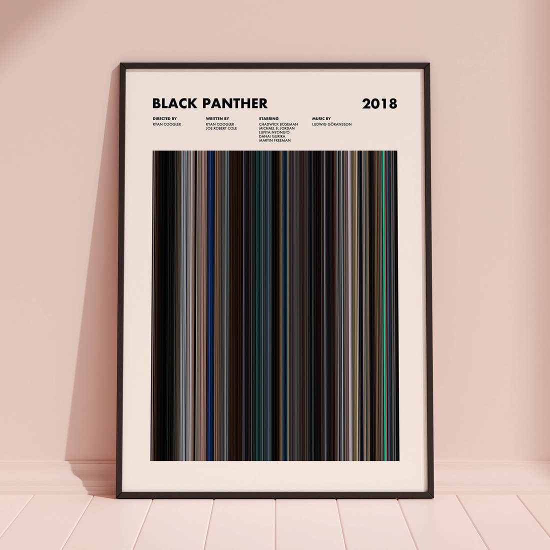 Black Panther Movie Barcode Poster framed and leaning against a coloured wall