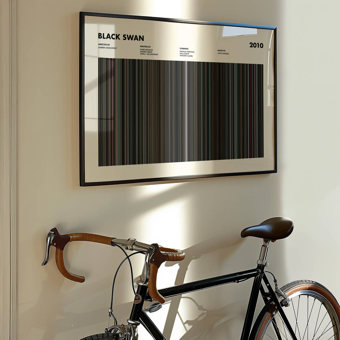 Black Swan Movie Barcode Poster framed on the wall of a styled room setting