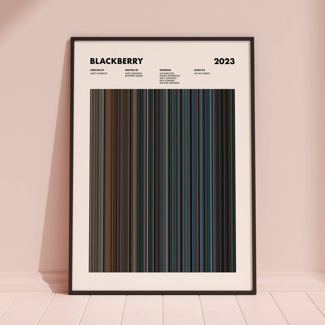 BlackBerry Movie Barcode Poster framed and leaning against a coloured wall