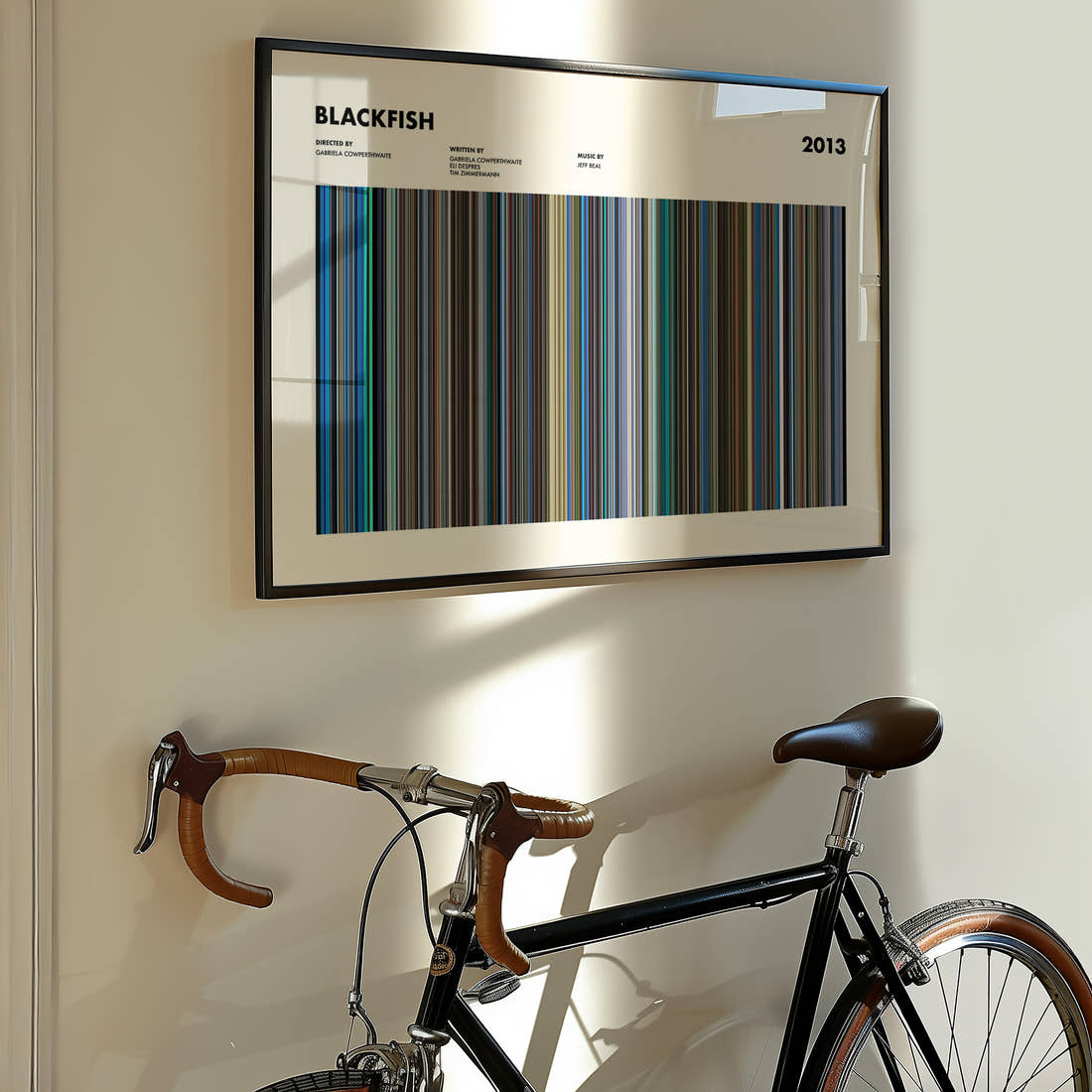 Blackfish Movie Barcode Poster framed on the wall of a styled room setting
