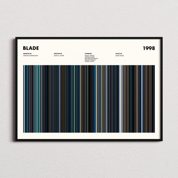 Blade Movie Barcode Poster framed and photographed straight on