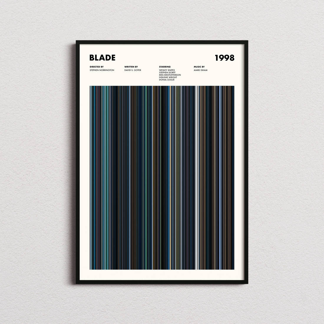 Blade Movie Barcode Poster framed on a plain studio wall
