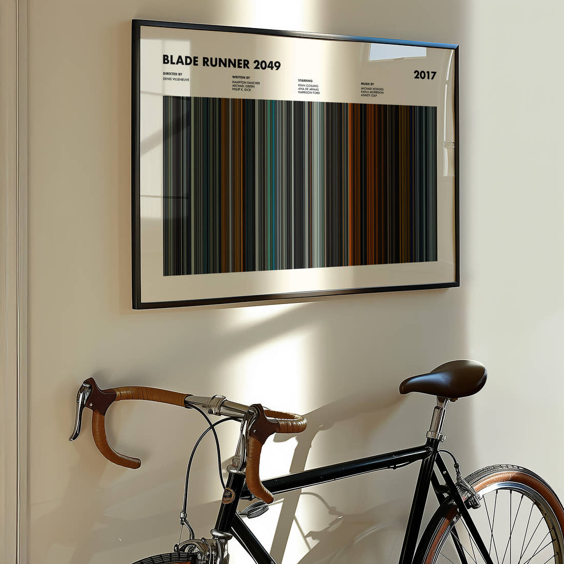 Blade Runner 2049 Movie Barcode Poster framed on the wall of a styled room setting