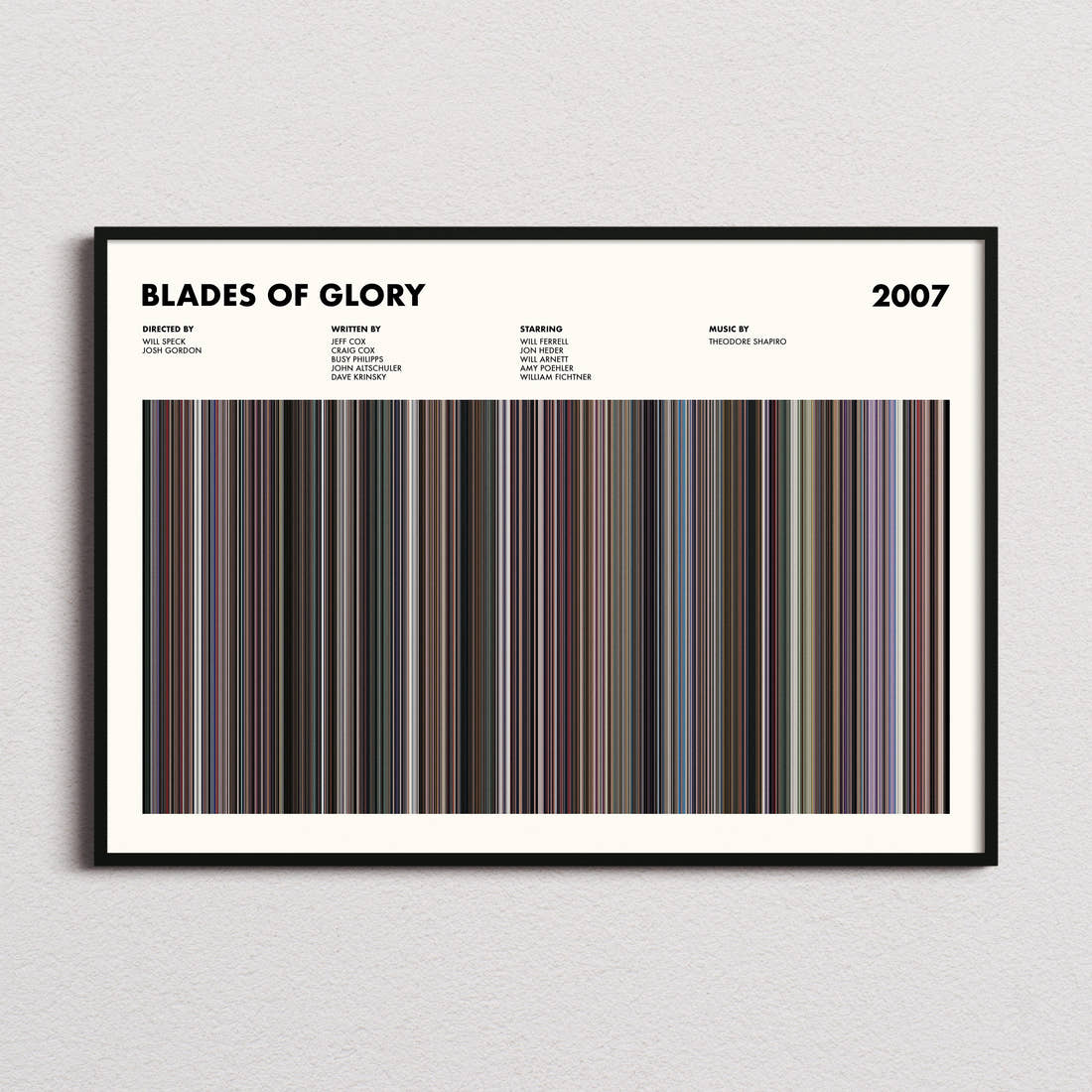 Blades of Glory Movie Barcode Poster framed and photographed straight on