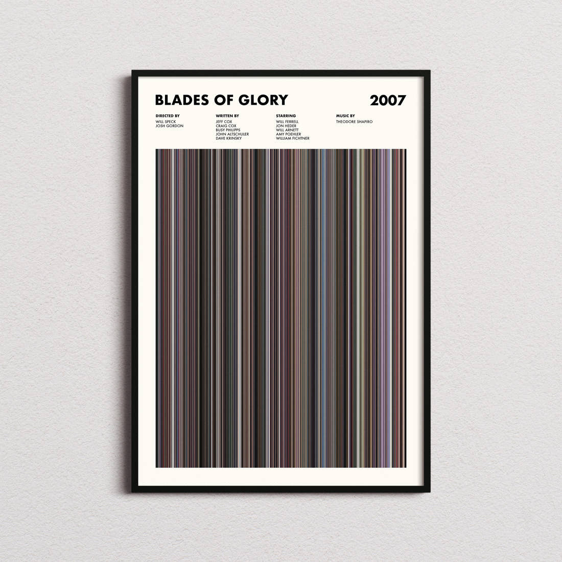 Blades of Glory Movie Barcode Poster framed on a plain studio wall