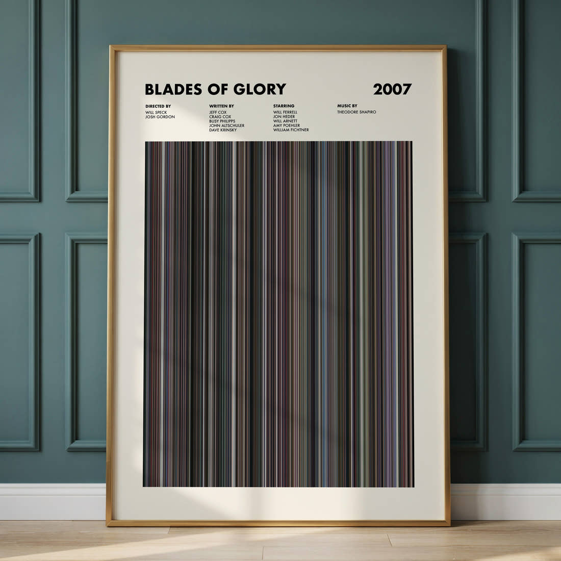 Blades of Glory Movie Barcode Poster framed and leaning against a panelled wall