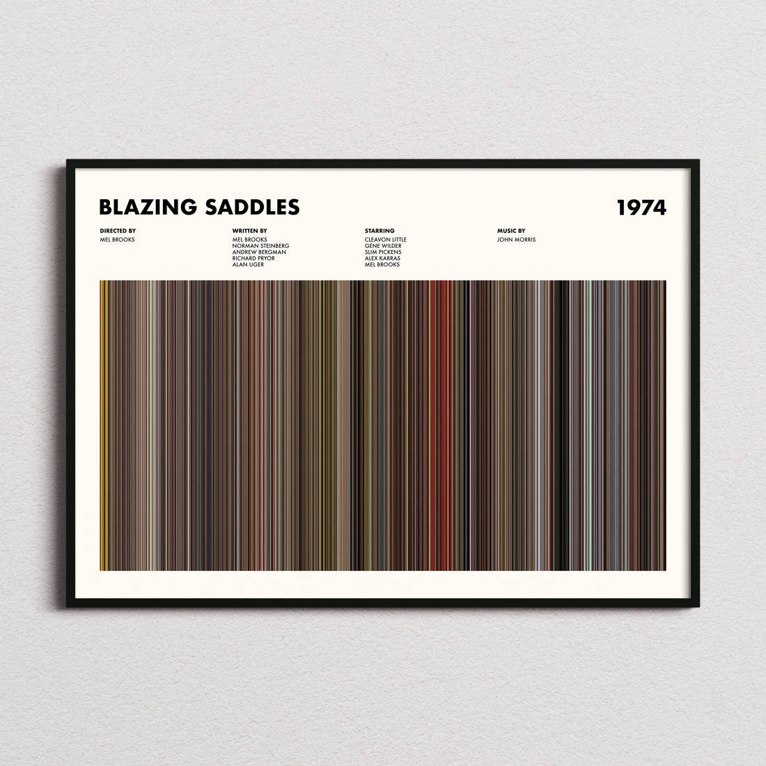 Blazing Saddles Movie Barcode Poster framed and photographed straight on