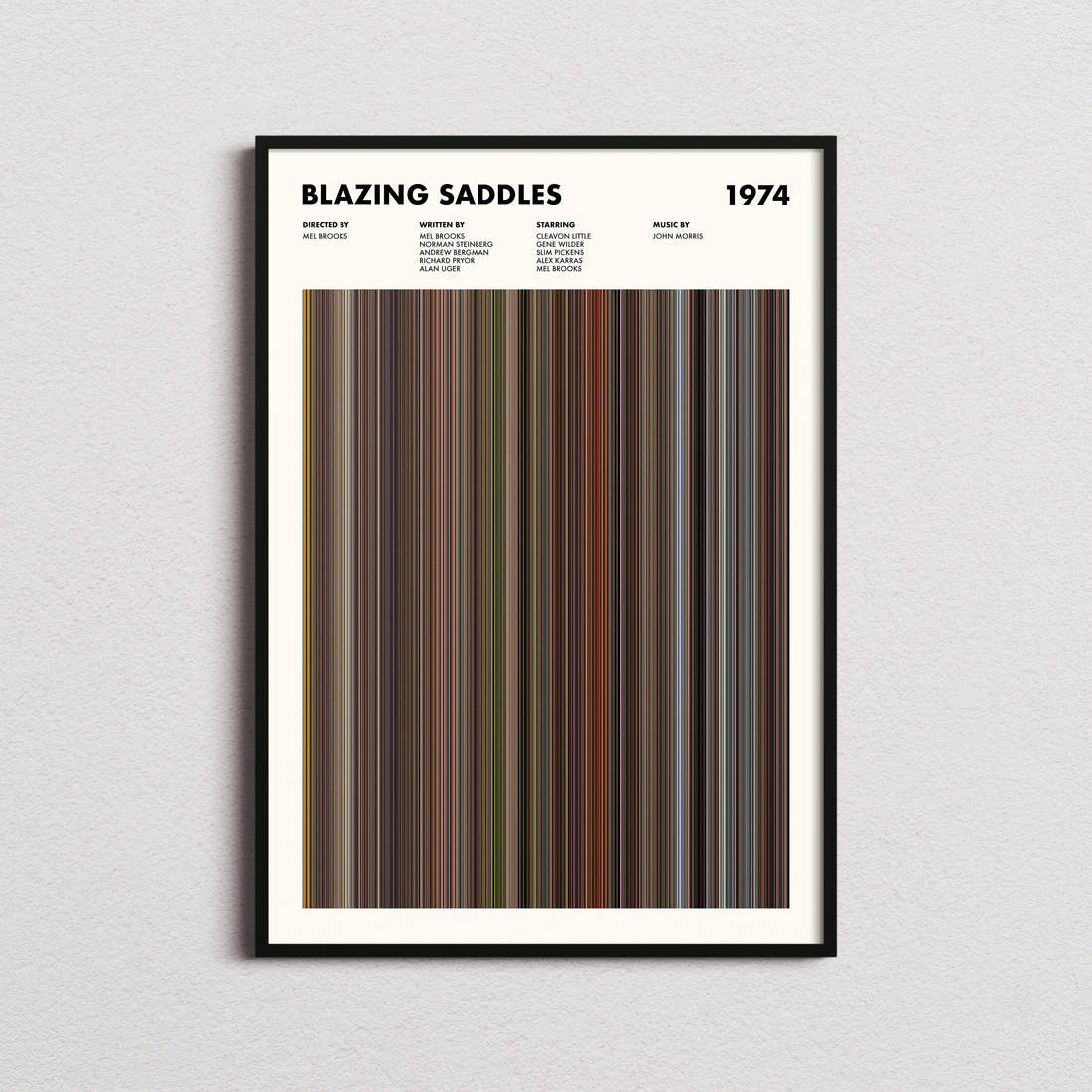 Blazing Saddles Movie Barcode Poster framed on a plain studio wall