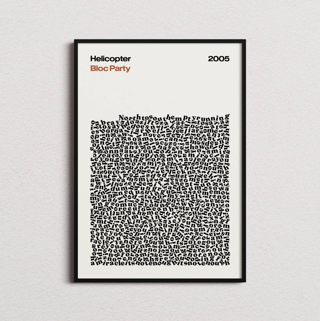 Bloc Party Helicopter Lyric Print in the cream colourway, framed