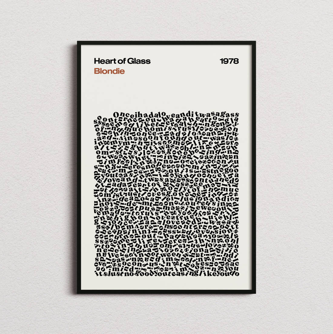 Blondie Heart of Glass Lyric Print in the cream colourway, framed