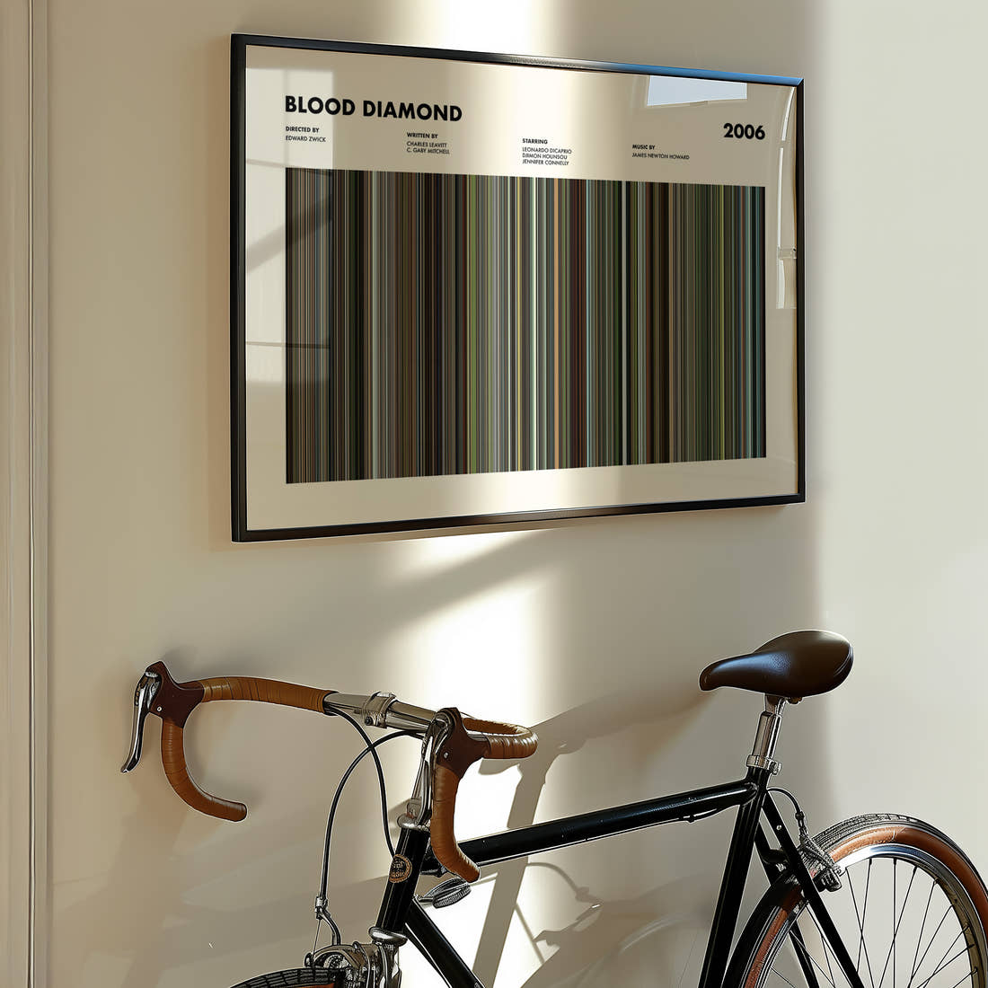 Blood Diamond Movie Barcode Poster framed on the wall of a styled room setting