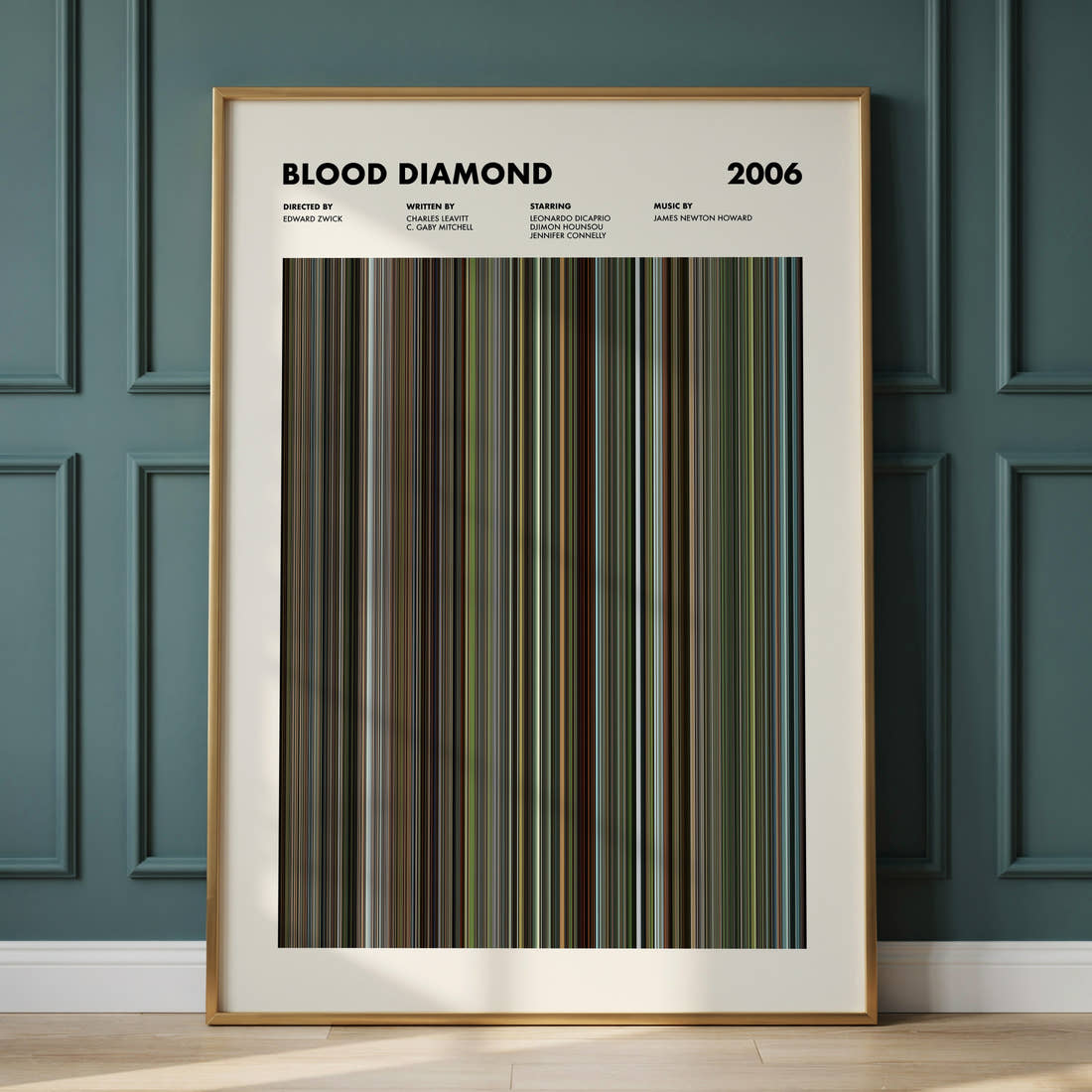 Blood Diamond Movie Barcode Poster framed and leaning against a panelled wall