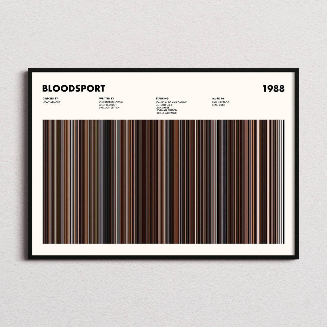 Bloodsport Movie Barcode Poster framed and photographed straight on