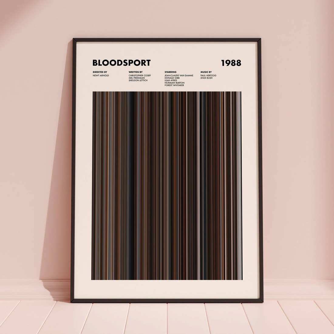Bloodsport Movie Barcode Poster framed and leaning against a coloured wall