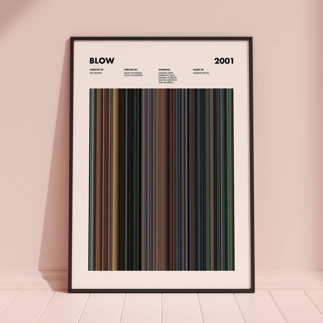 Blow Movie Barcode Poster framed and leaning against a coloured wall