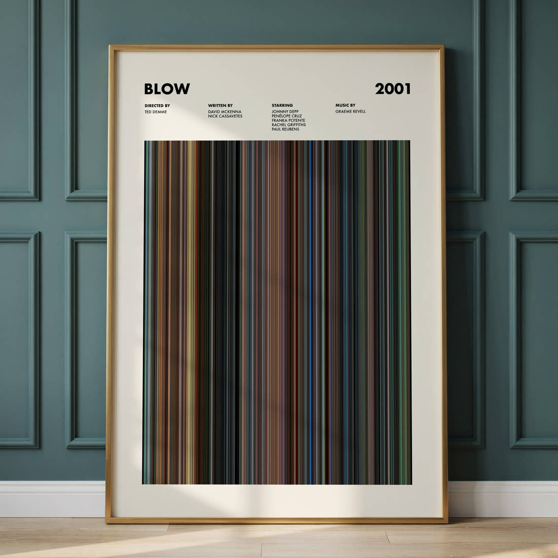 Blow Movie Barcode Poster framed and leaning against a panelled wall
