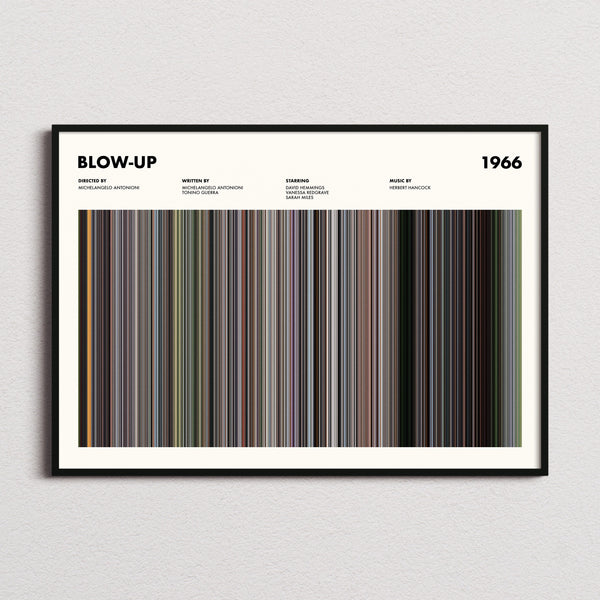 Blow-Up Movie Barcode Poster framed and photographed straight on