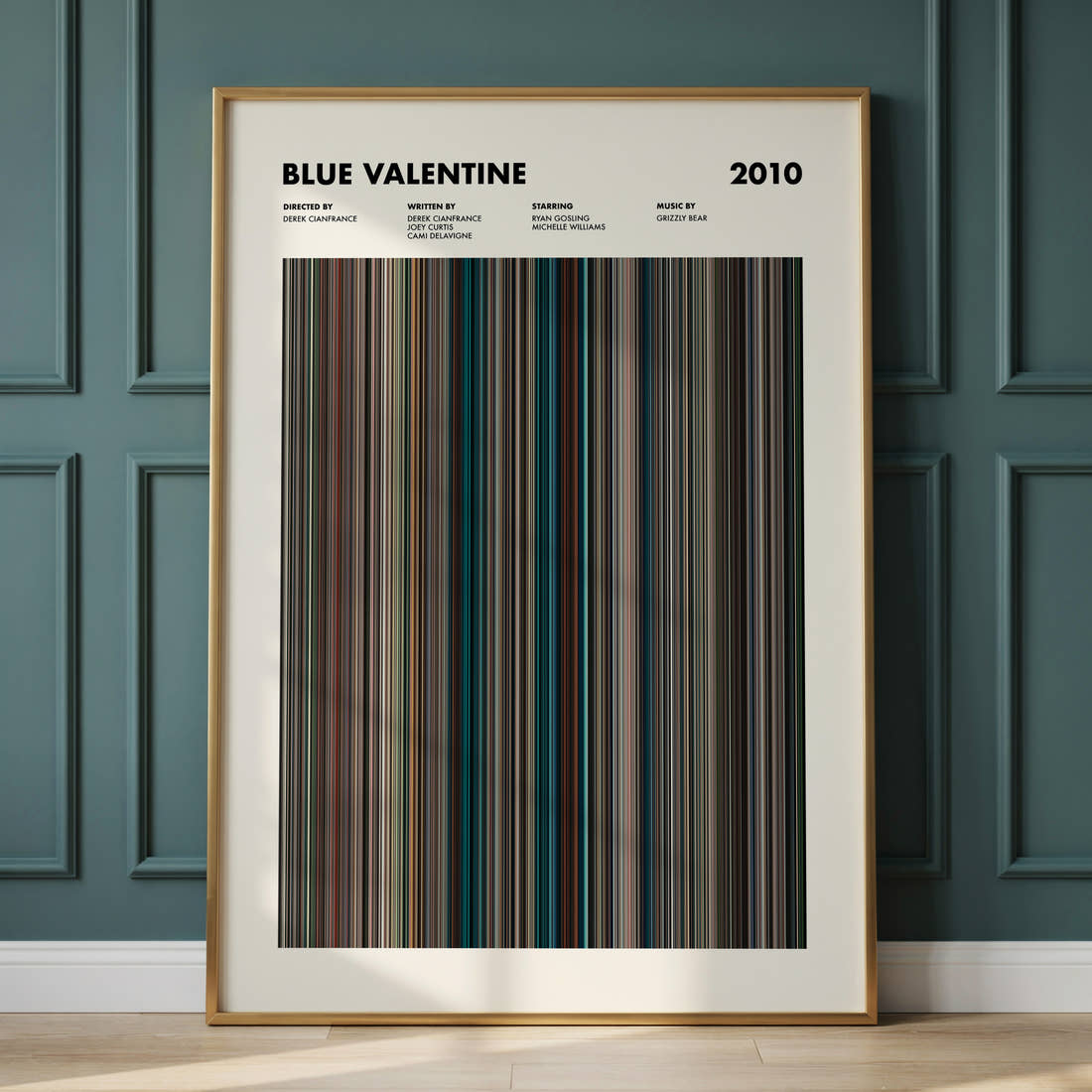 Blue Valentine Movie Barcode Poster framed and leaning against a panelled wall