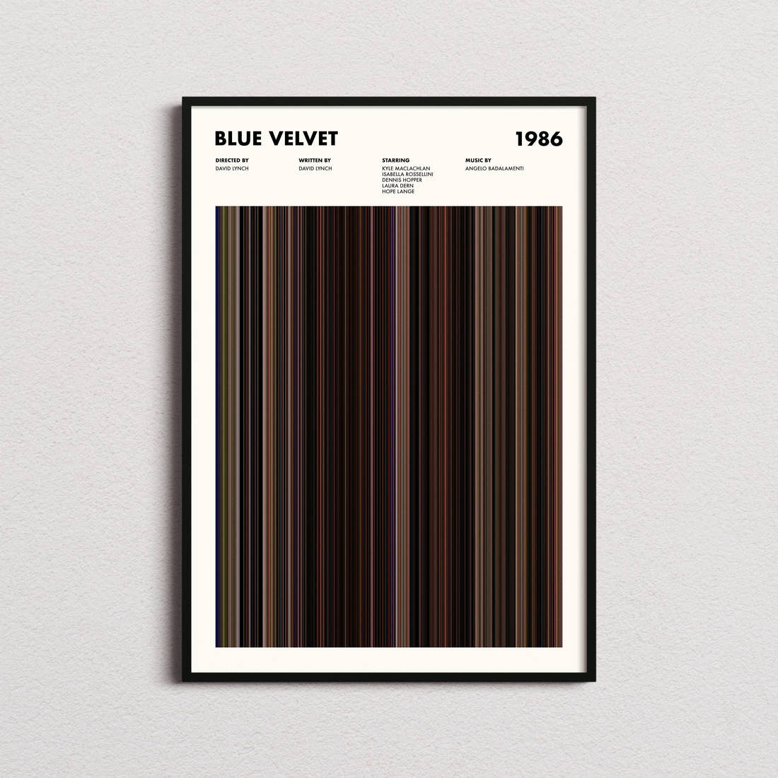 Blue Velvet Movie Barcode Poster framed on a plain studio wall
