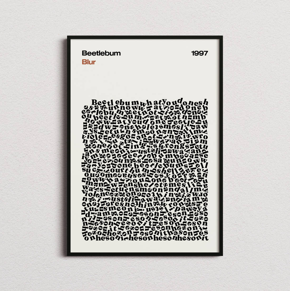 Blur Beetlebum Lyric Print in the cream colourway, framed