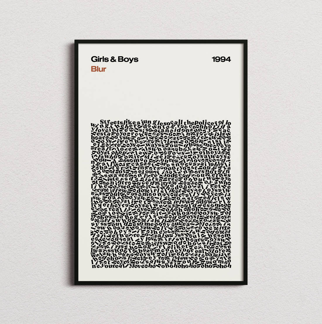 Blur Girls & Boys Lyric Print in the cream colourway, framed