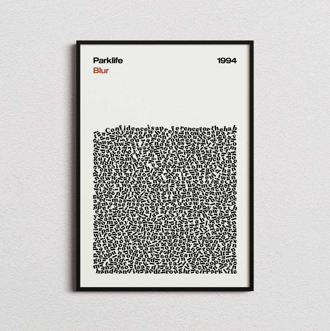 Blur Parklife Lyric Print in the cream colourway, framed