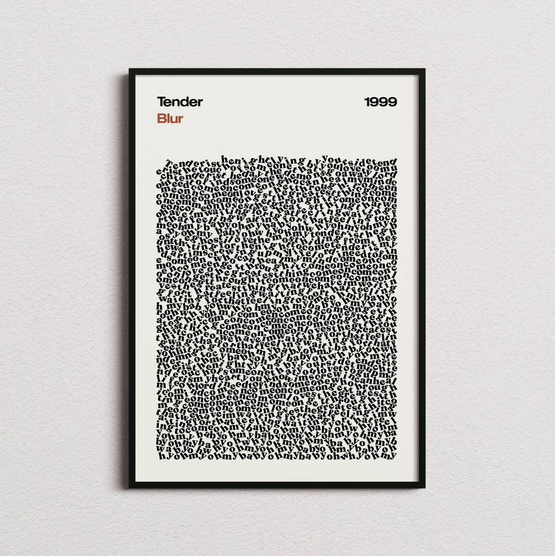 Blur Tender Lyric Print in the cream colourway, framed