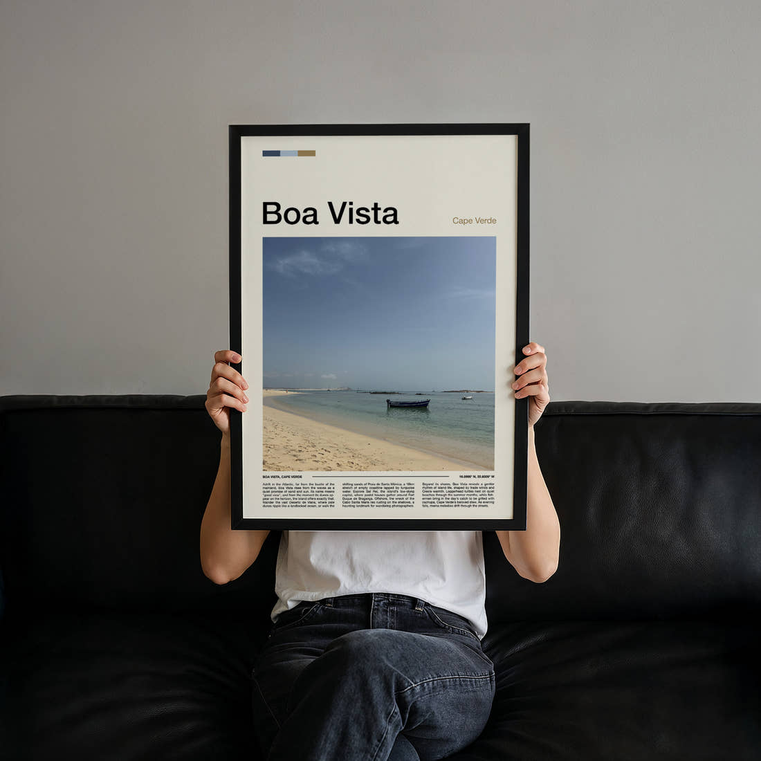 Boa Vista Turquoise Bay Shoreline Travel Print held up by hand to show the size of the print