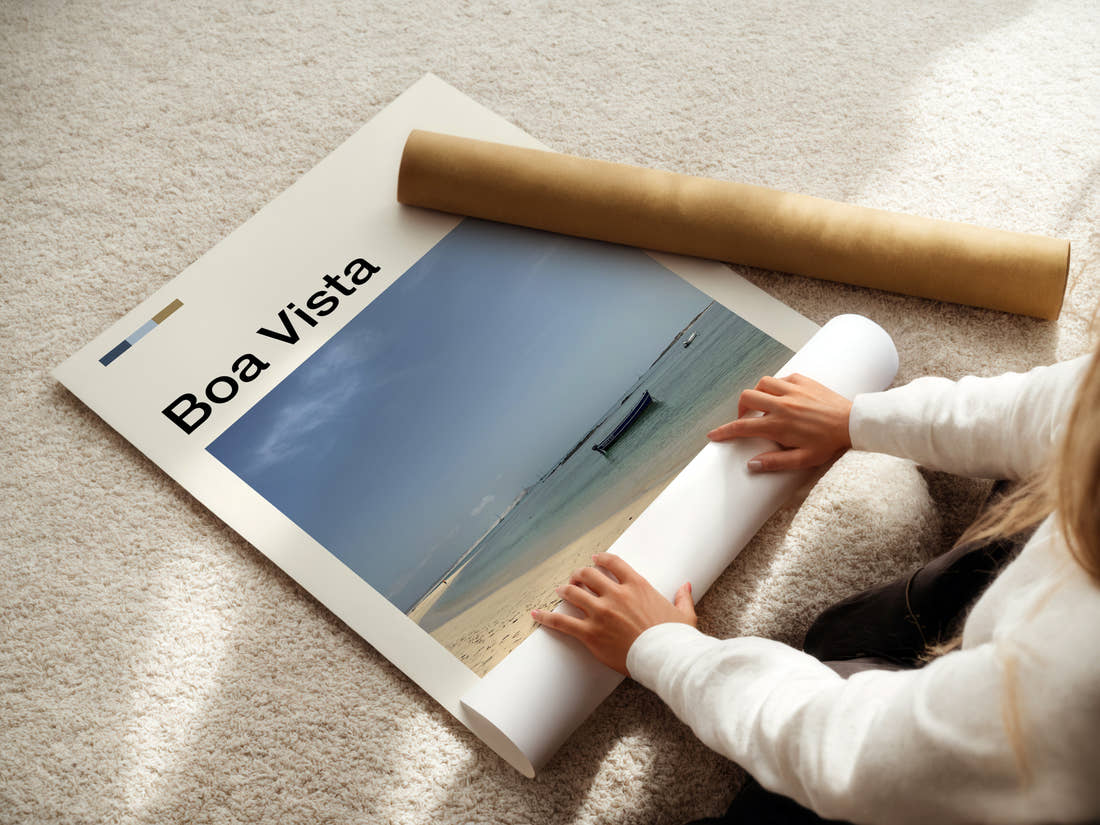 Boa Vista Turquoise Bay Shoreline Travel Print being unrolled from its postal tube