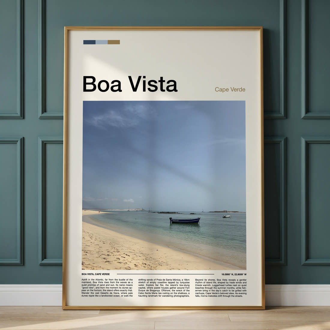 Boa Vista Turquoise Bay Shoreline Travel Print framed on the wall of a calm, neutral bedroom