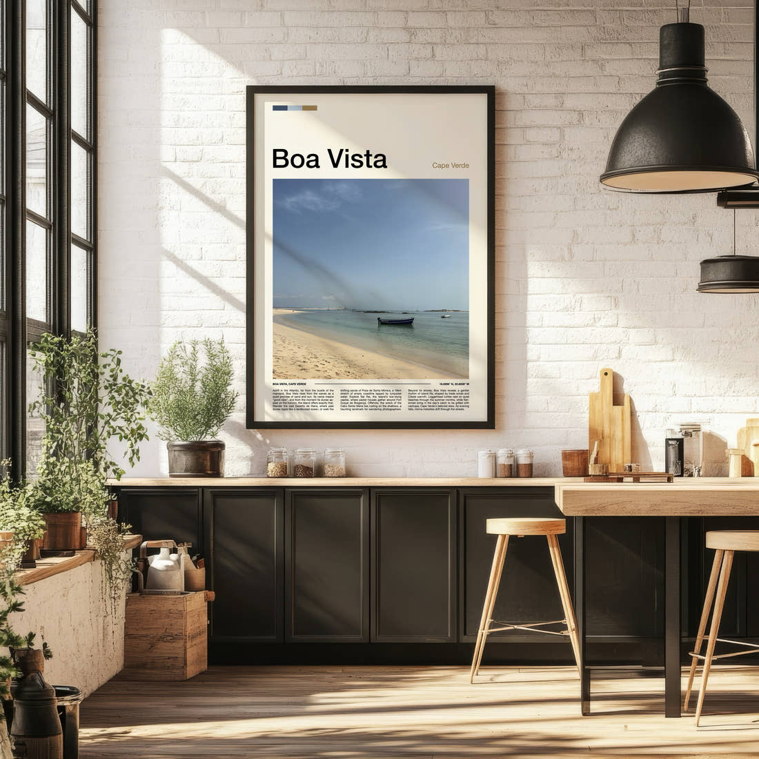 Boa Vista Turquoise Bay Shoreline Travel Print framed on the wall of a bright kitchen and dining space