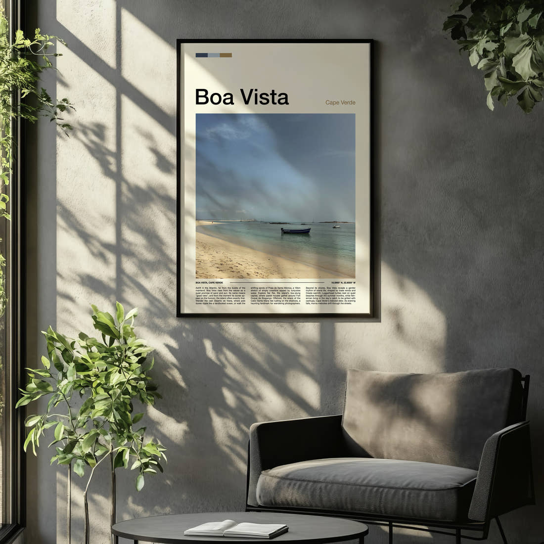 Boa Vista Turquoise Bay Shoreline Travel Print framed on the wall of a relaxed living room