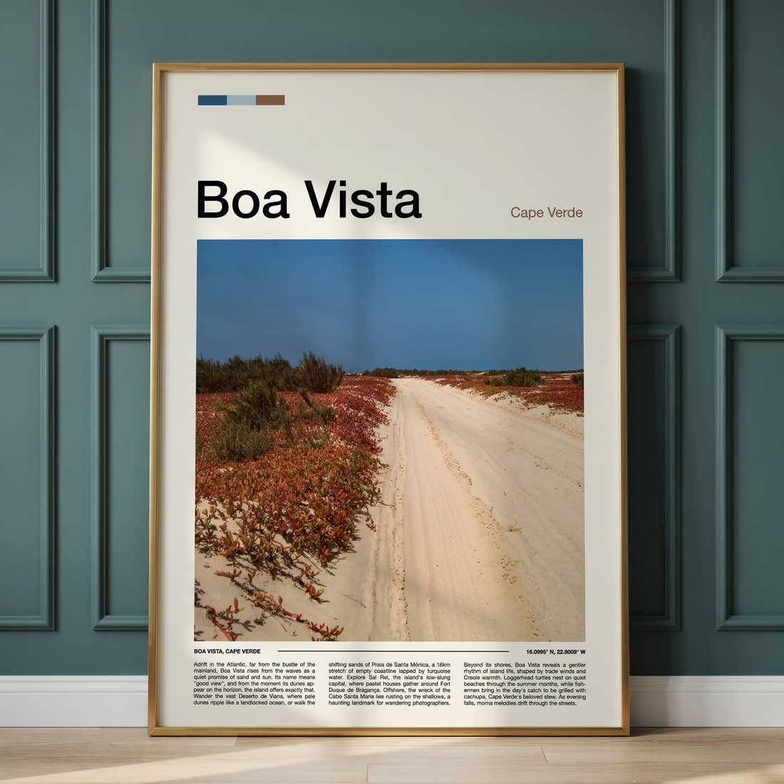 Boa Vista Sandy Desert Track Travel Print framed on the wall of a calm, neutral bedroom
