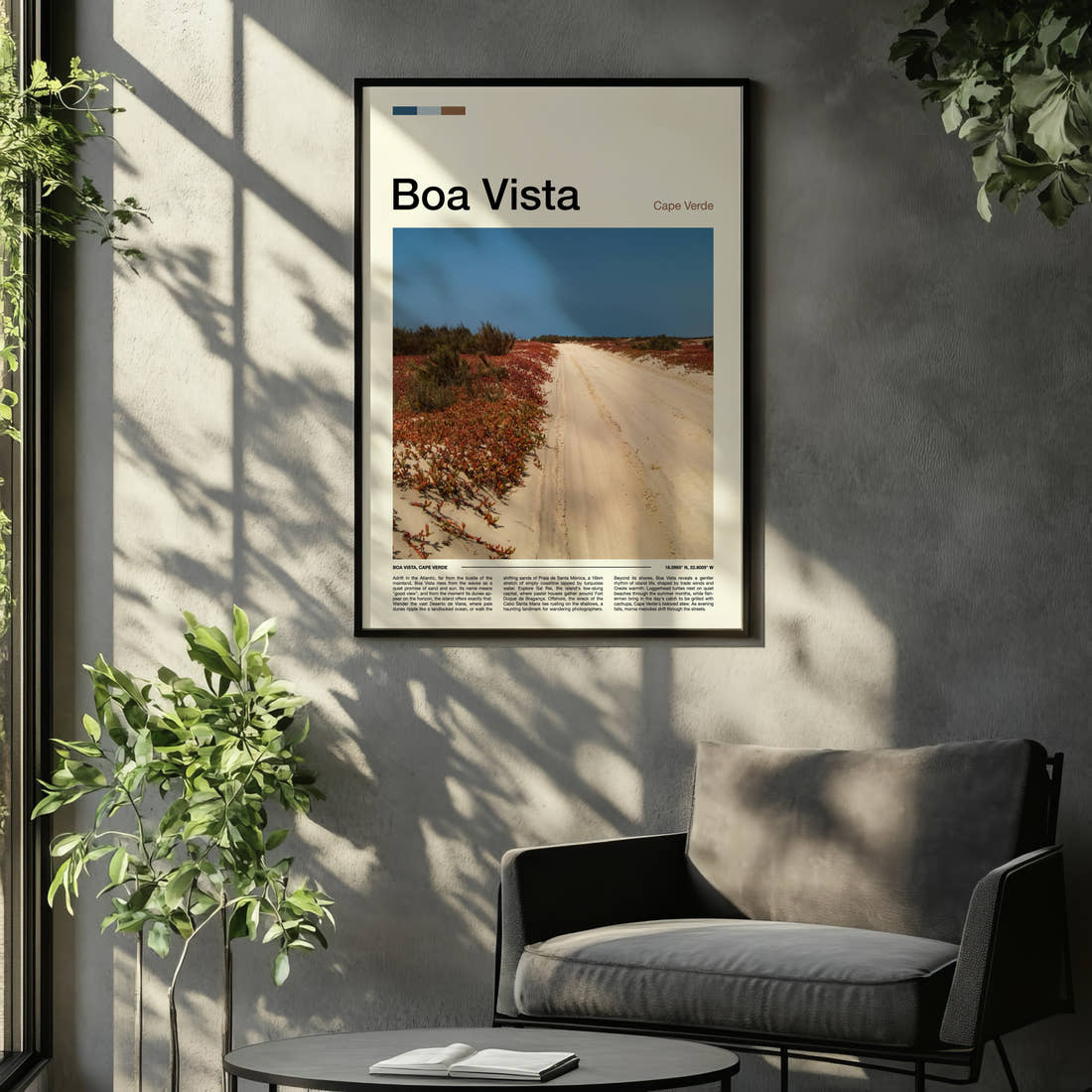 Boa Vista Sandy Desert Track Travel Print framed on the wall of a relaxed living room